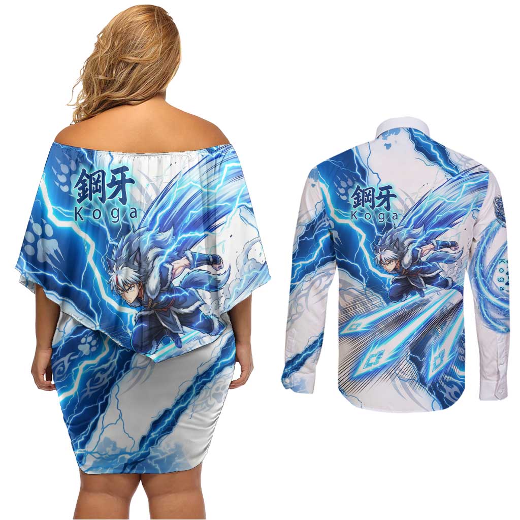 Koga Inuyasha Series Couples Matching Off Shoulder Short Dress and Long Sleeve Button Shirt Electric Storm Anime Style with Blue Wolf Spirit