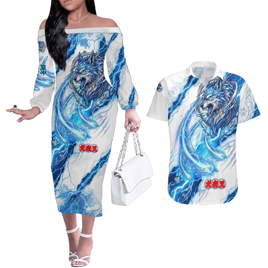 Koga Inuyasha Series Couples Matching Off The Shoulder Long Sleeve Dress and Hawaiian Shirt Electric Storm Anime Style with Blue Wolf Spirit