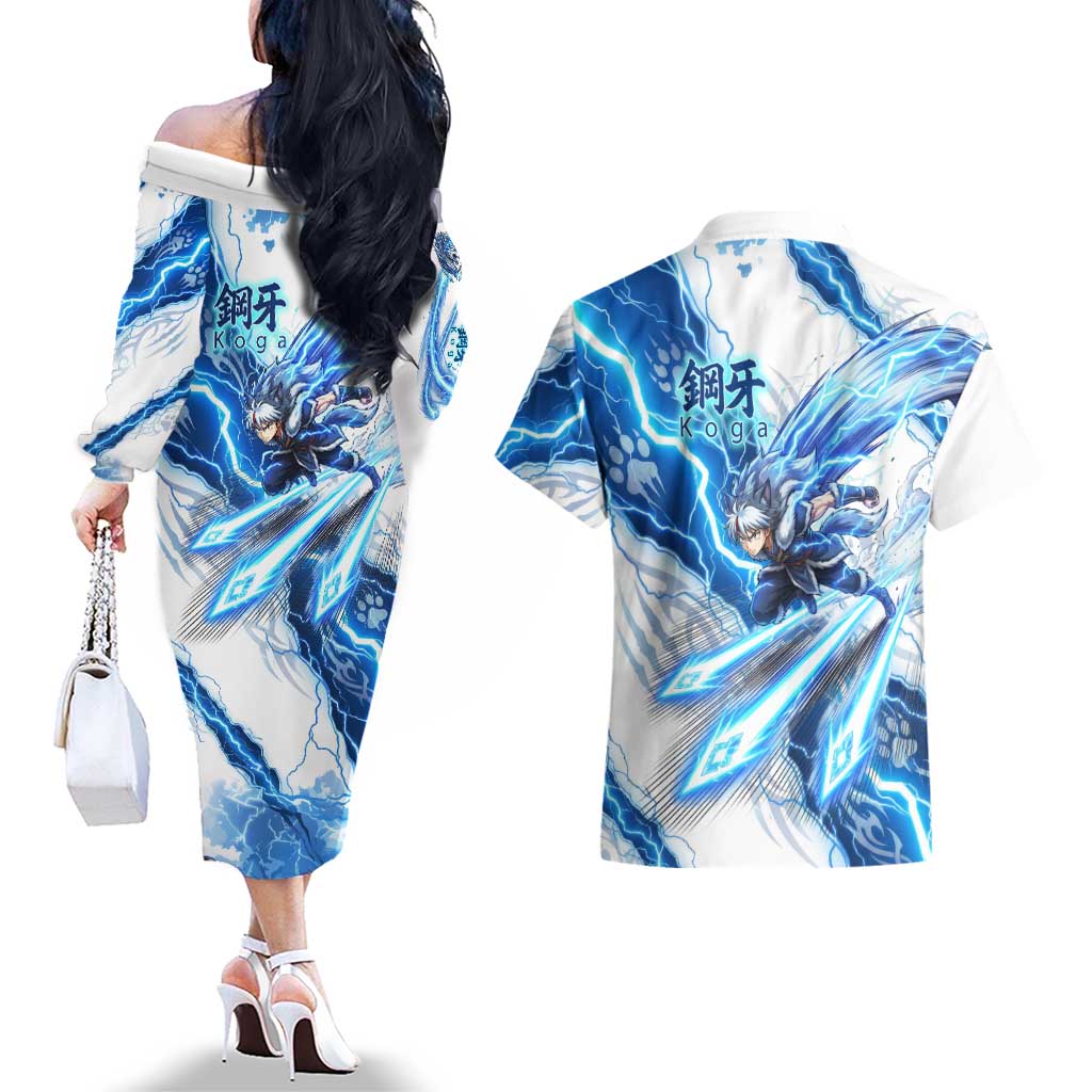 Koga Inuyasha Series Couples Matching Off The Shoulder Long Sleeve Dress and Hawaiian Shirt Electric Storm Anime Style with Blue Wolf Spirit