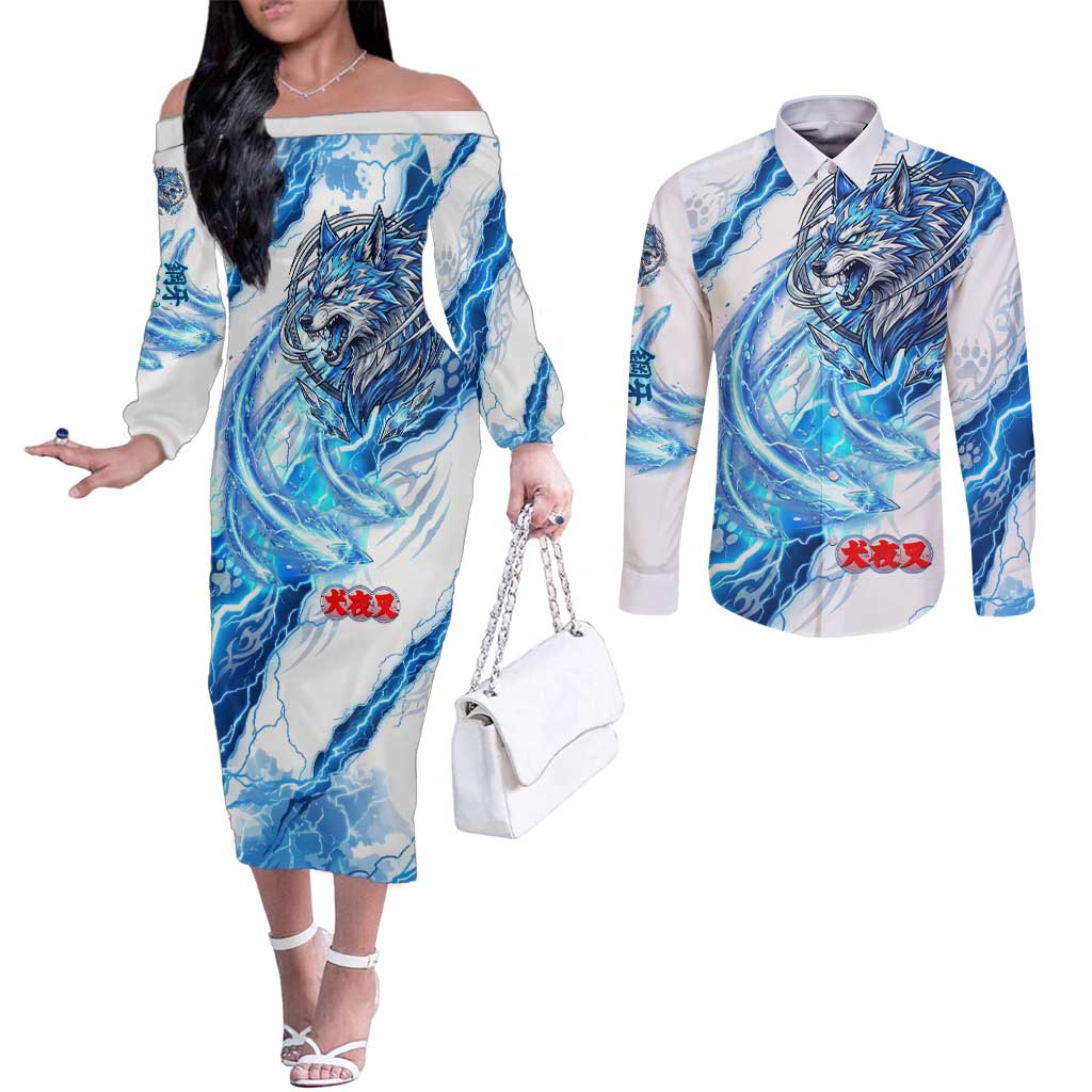 Koga Inuyasha Series Couples Matching Off The Shoulder Long Sleeve Dress and Long Sleeve Button Shirt Electric Storm Anime Style with Blue Wolf Spirit