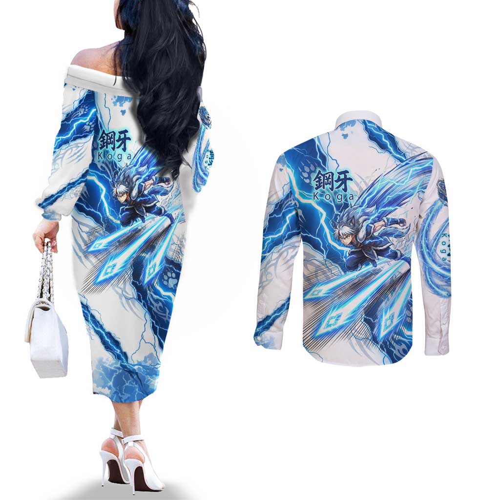 Koga Inuyasha Series Couples Matching Off The Shoulder Long Sleeve Dress and Long Sleeve Button Shirt Electric Storm Anime Style with Blue Wolf Spirit