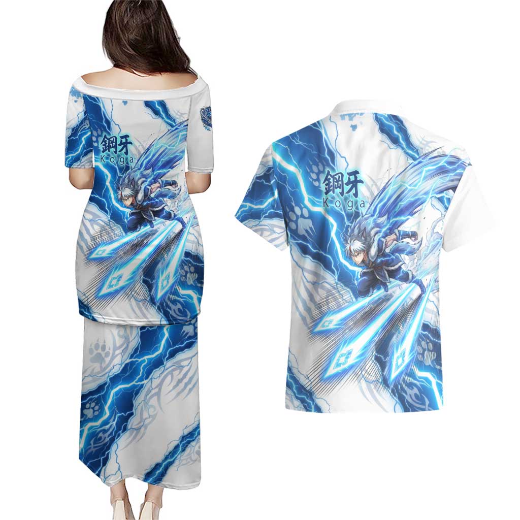 Koga Inuyasha Series Couples Matching Puletasi and Hawaiian Shirt Electric Storm Anime Style with Blue Wolf Spirit