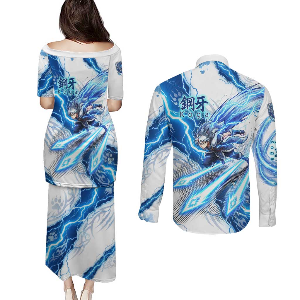 Koga Inuyasha Series Couples Matching Puletasi and Long Sleeve Button Shirt Electric Storm Anime Style with Blue Wolf Spirit