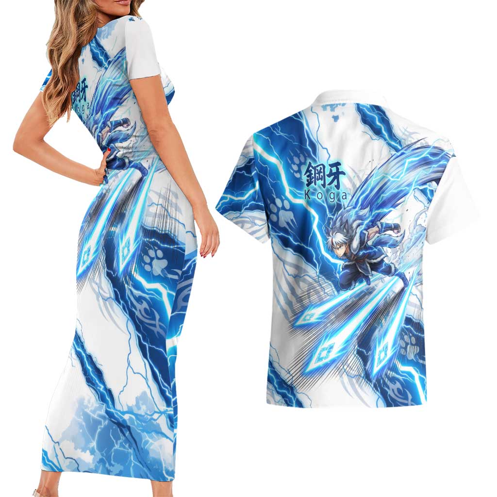 Koga Inuyasha Series Couples Matching Short Sleeve Bodycon Dress and Hawaiian Shirt Electric Storm Anime Style with Blue Wolf Spirit