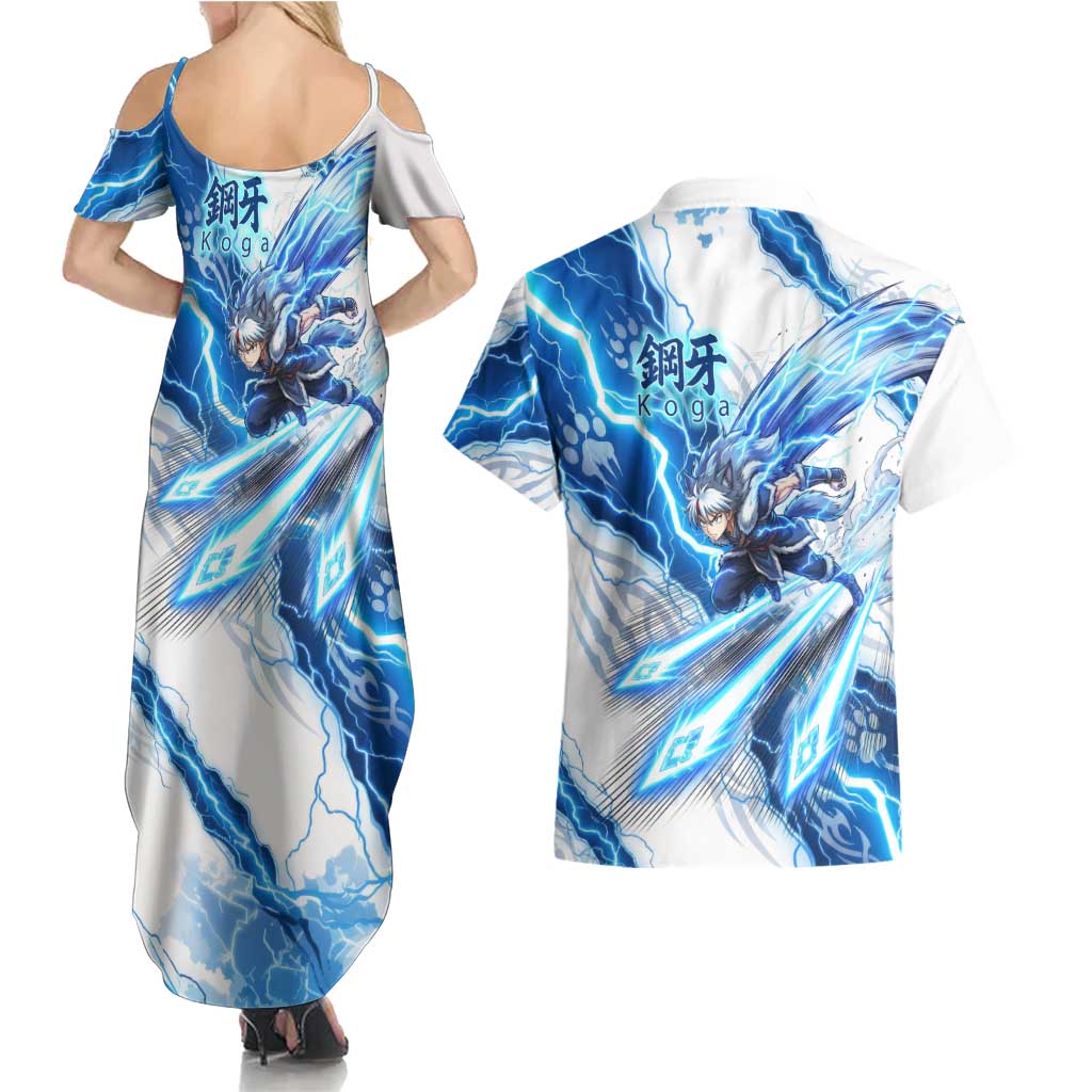 Koga Inuyasha Series Couples Matching Summer Maxi Dress and Hawaiian Shirt Electric Storm Anime Style with Blue Wolf Spirit