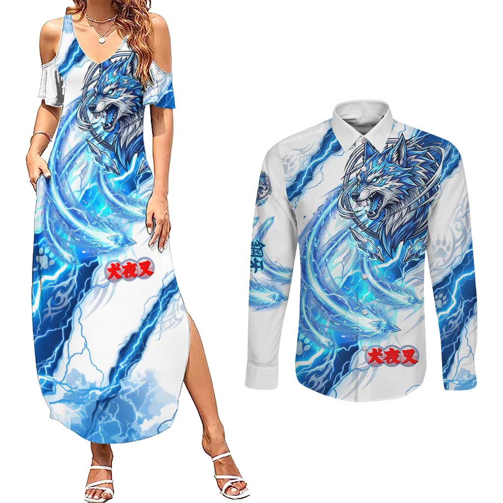 Koga Inuyasha Series Couples Matching Summer Maxi Dress and Long Sleeve Button Shirt Electric Storm Anime Style with Blue Wolf Spirit