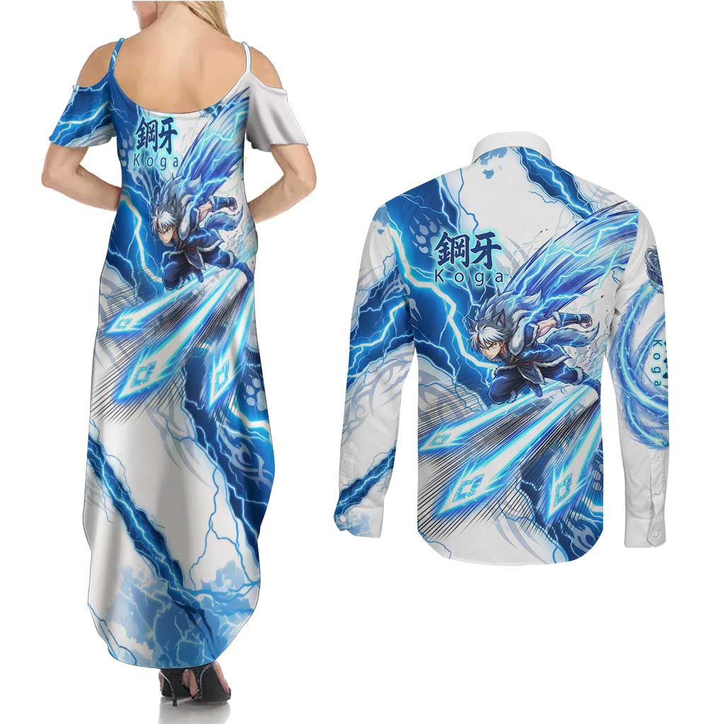 Koga Inuyasha Series Couples Matching Summer Maxi Dress and Long Sleeve Button Shirt Electric Storm Anime Style with Blue Wolf Spirit
