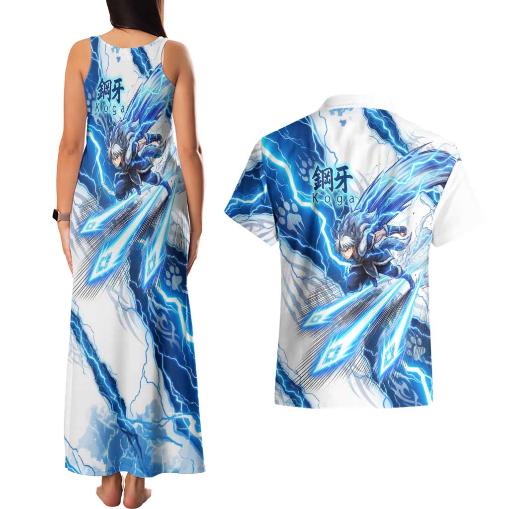 Koga Inuyasha Series Couples Matching Tank Maxi Dress and Hawaiian Shirt Electric Storm Anime Style with Blue Wolf Spirit