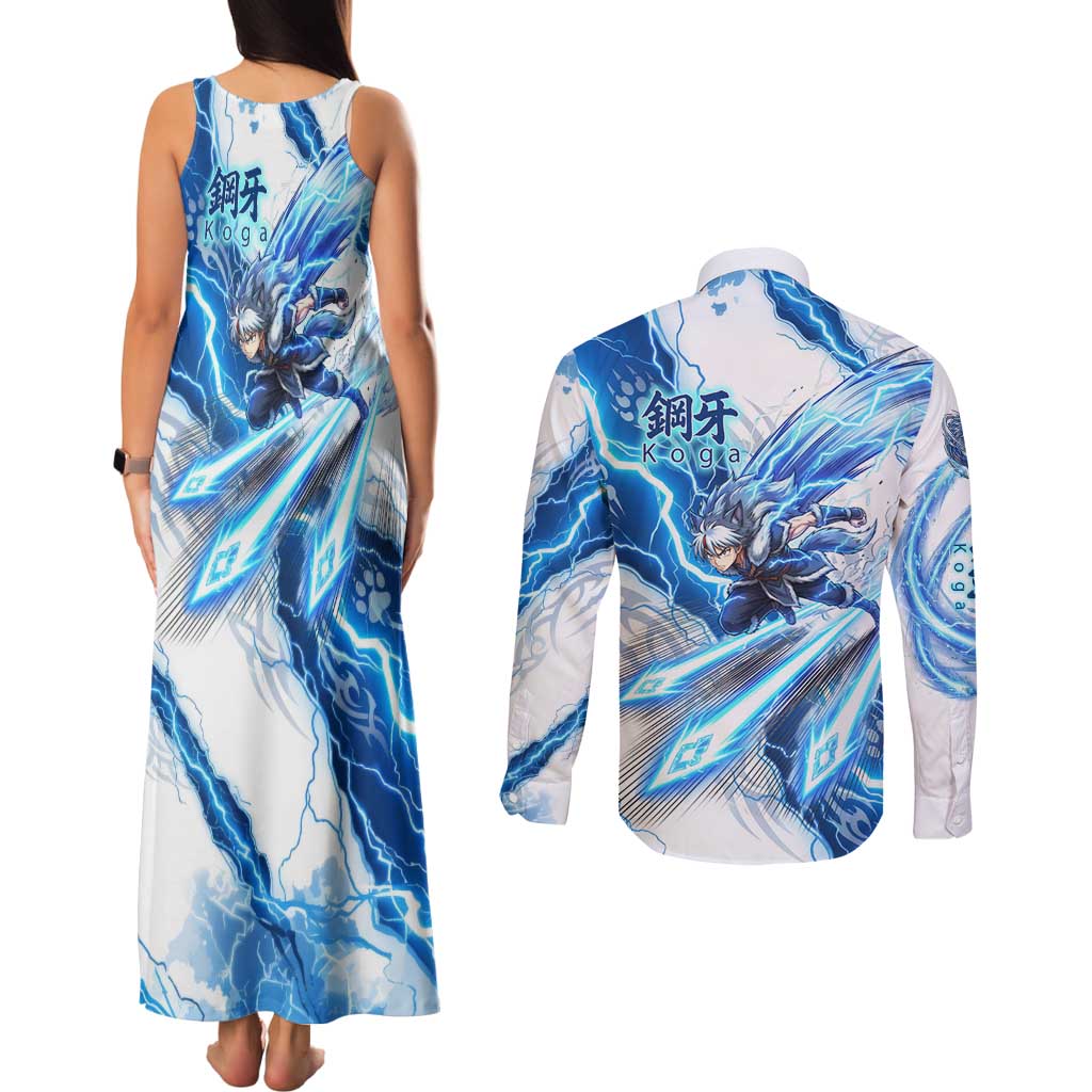 Koga Inuyasha Series Couples Matching Tank Maxi Dress and Long Sleeve Button Shirt Electric Storm Anime Style with Blue Wolf Spirit