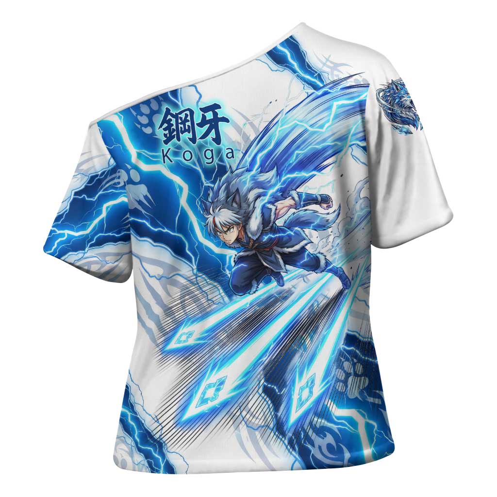 Koga Inuyasha Series Cross Shoulder Shirt Electric Storm Anime Style with Blue Wolf Spirit