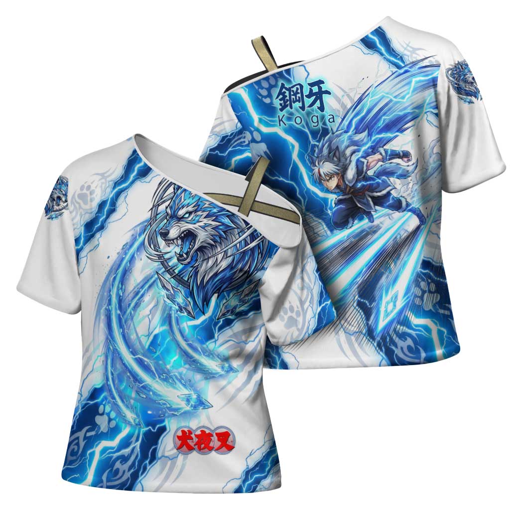 Koga Inuyasha Series Cross Shoulder Shirt Electric Storm Anime Style with Blue Wolf Spirit