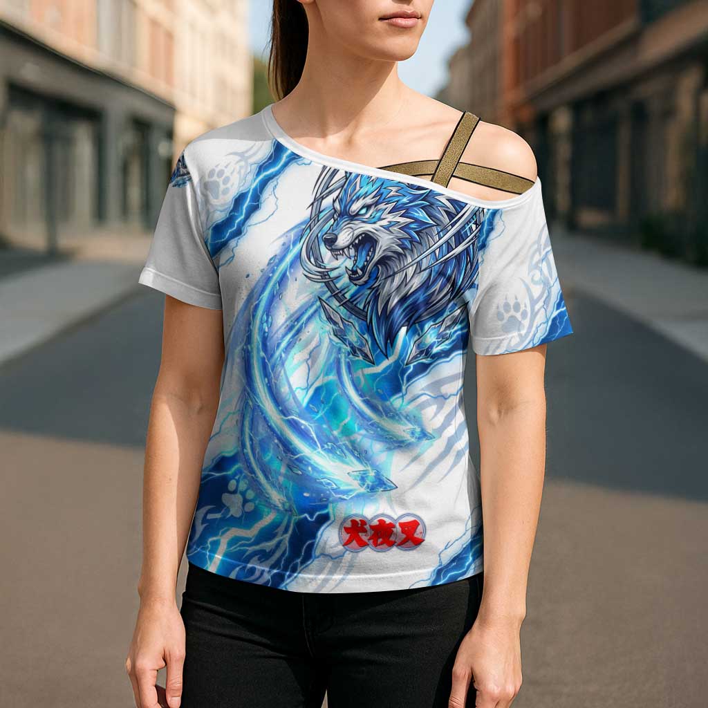 Koga Inuyasha Series Cross Shoulder Shirt Electric Storm Anime Style with Blue Wolf Spirit