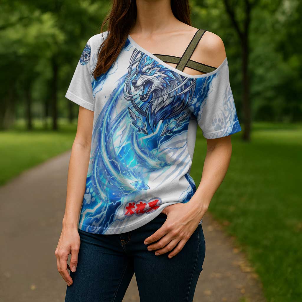 Koga Inuyasha Series Cross Shoulder Shirt Electric Storm Anime Style with Blue Wolf Spirit