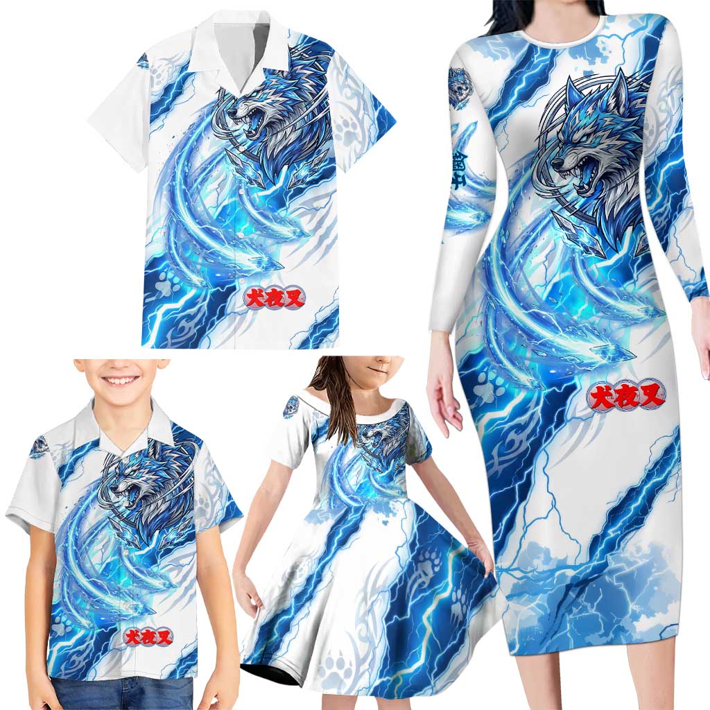 Koga Inuyasha Series Family Matching Long Sleeve Bodycon Dress and Hawaiian Shirt Electric Storm Anime Style with Blue Wolf Spirit