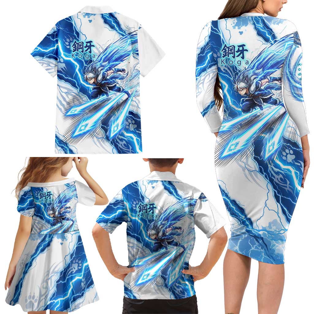 Koga Inuyasha Series Family Matching Long Sleeve Bodycon Dress and Hawaiian Shirt Electric Storm Anime Style with Blue Wolf Spirit