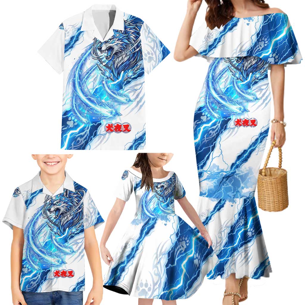 Koga Inuyasha Series Family Matching Mermaid Dress and Hawaiian Shirt Electric Storm Anime Style with Blue Wolf Spirit