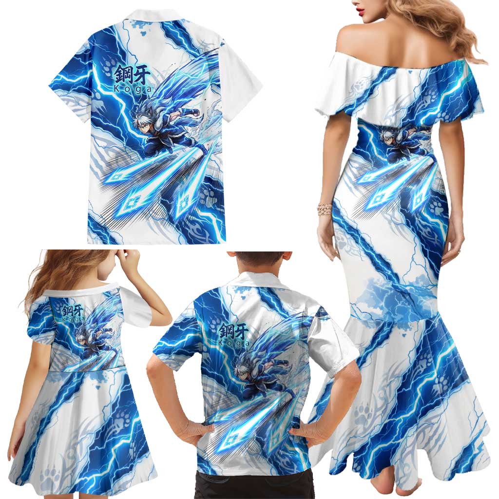 Koga Inuyasha Series Family Matching Mermaid Dress and Hawaiian Shirt Electric Storm Anime Style with Blue Wolf Spirit