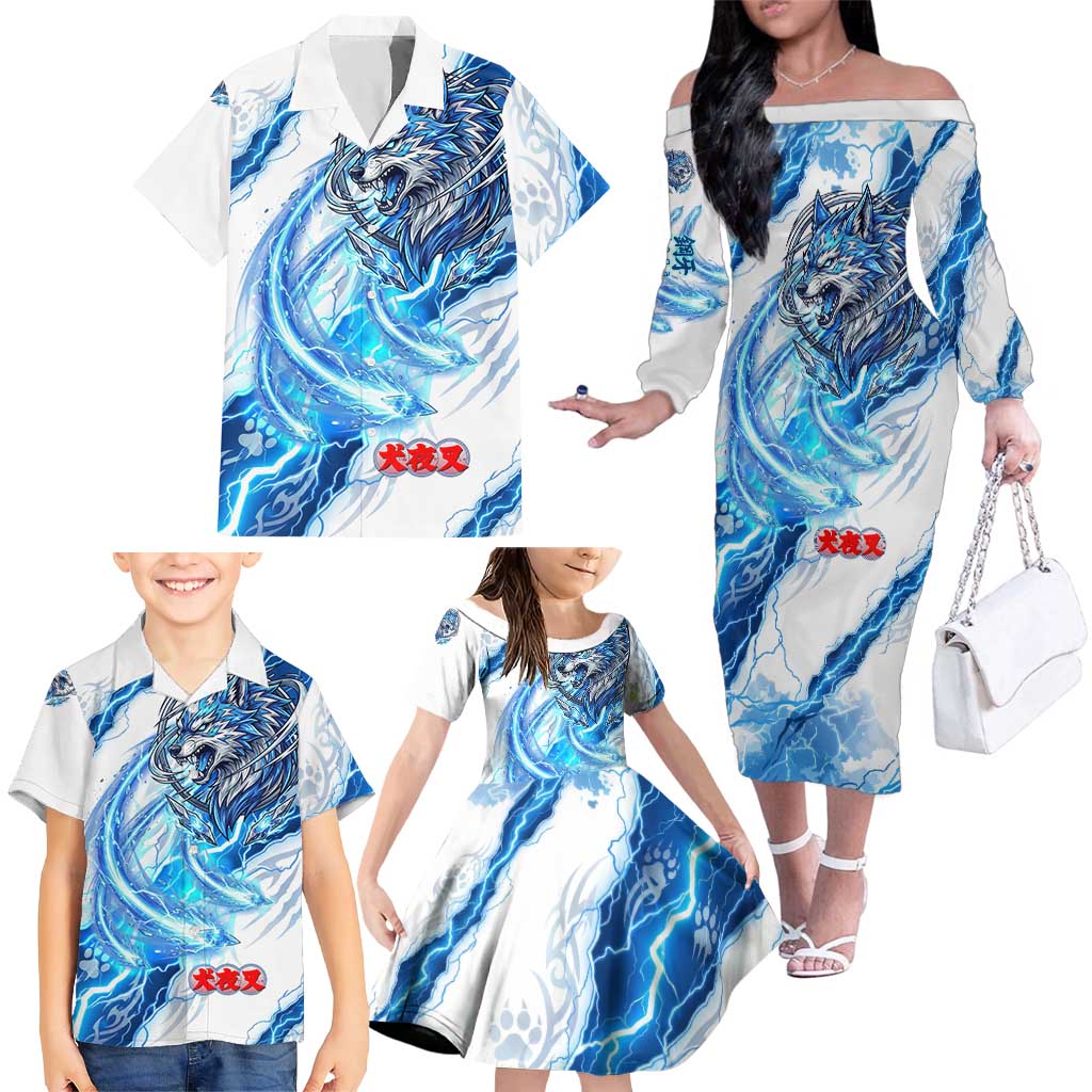 Koga Inuyasha Series Family Matching Off The Shoulder Long Sleeve Dress and Hawaiian Shirt Electric Storm Anime Style with Blue Wolf Spirit