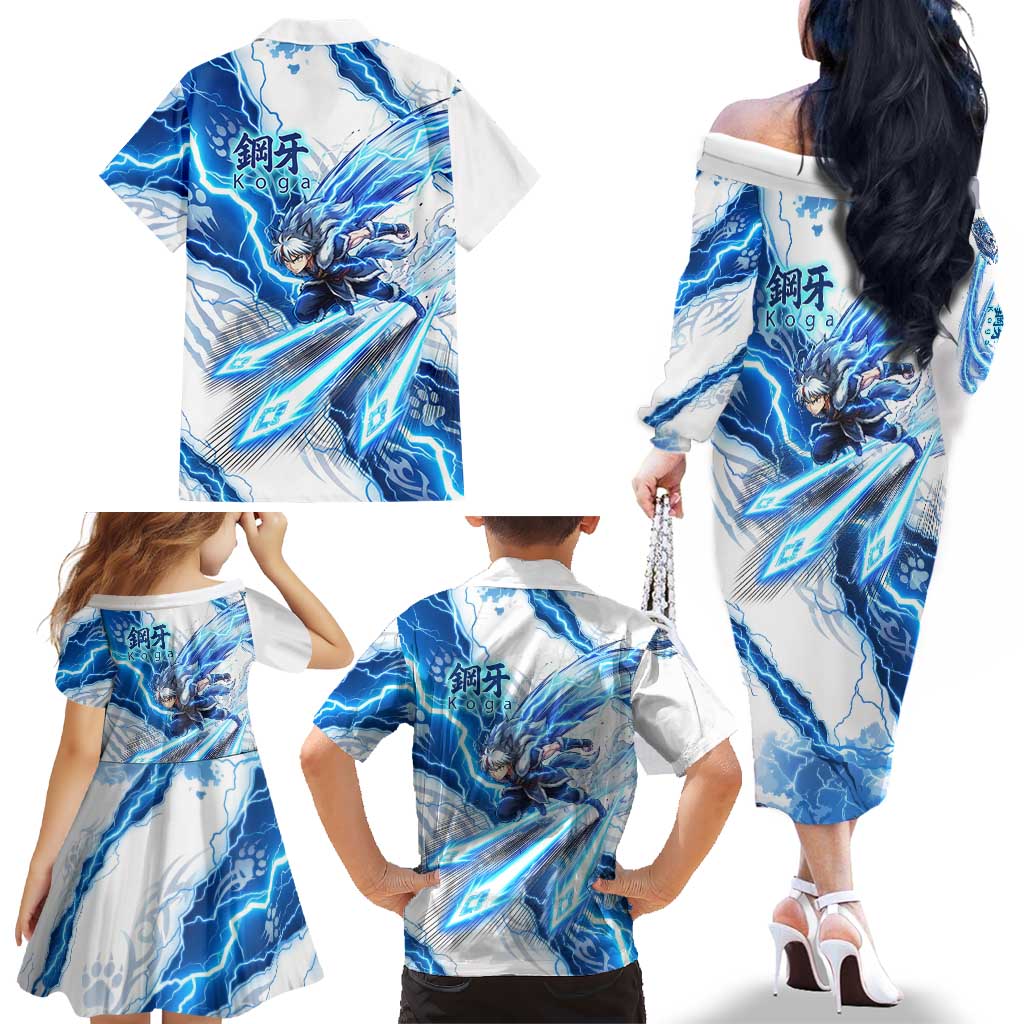 Koga Inuyasha Series Family Matching Off The Shoulder Long Sleeve Dress and Hawaiian Shirt Electric Storm Anime Style with Blue Wolf Spirit