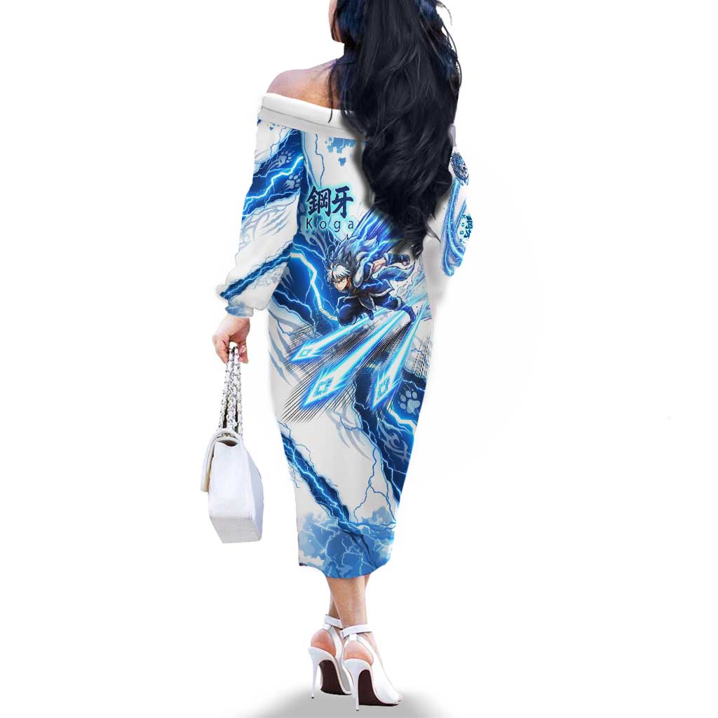 Koga Inuyasha Series Family Matching Off The Shoulder Long Sleeve Dress and Hawaiian Shirt Electric Storm Anime Style with Blue Wolf Spirit