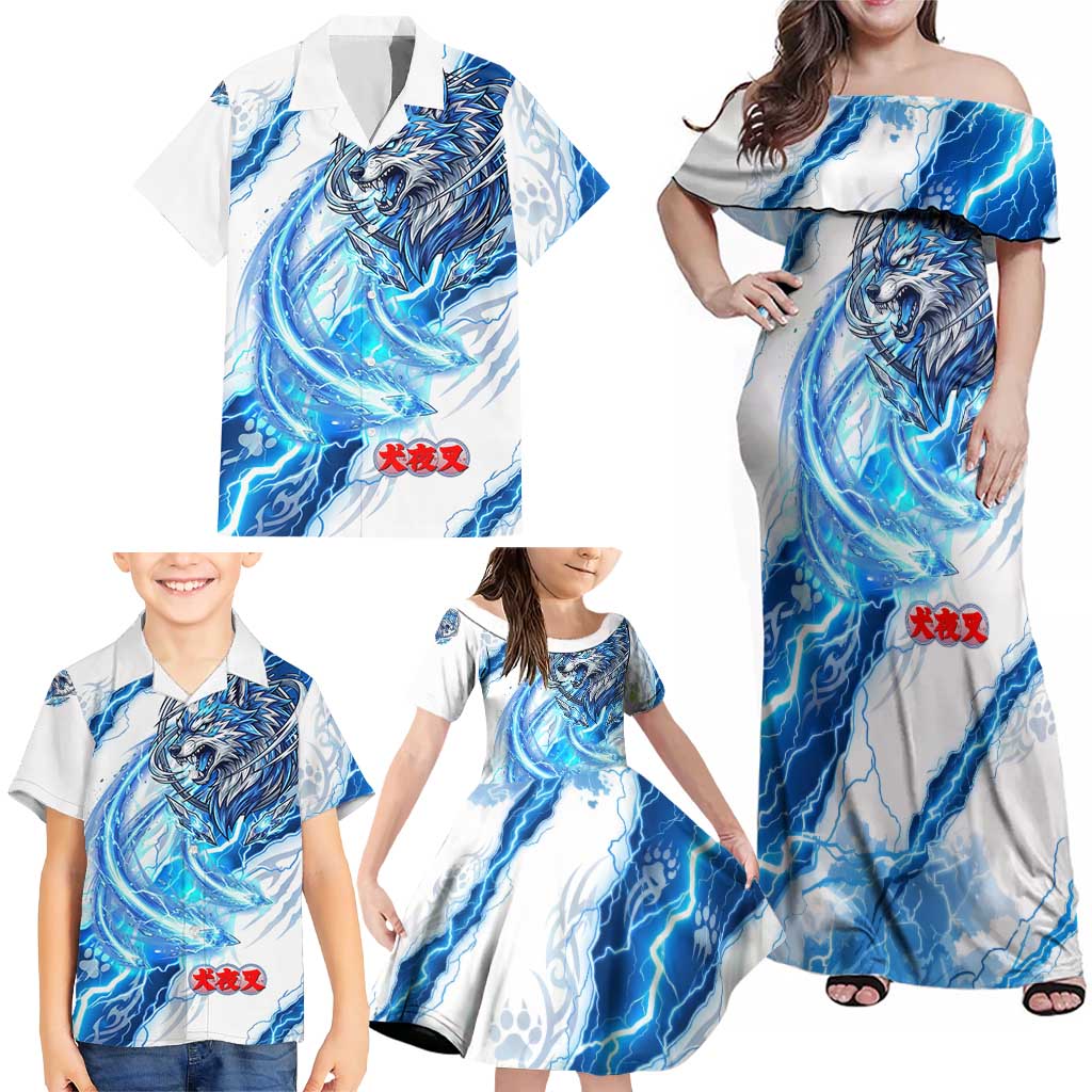 Koga Inuyasha Series Family Matching Off Shoulder Maxi Dress and Hawaiian Shirt Electric Storm Anime Style with Blue Wolf Spirit