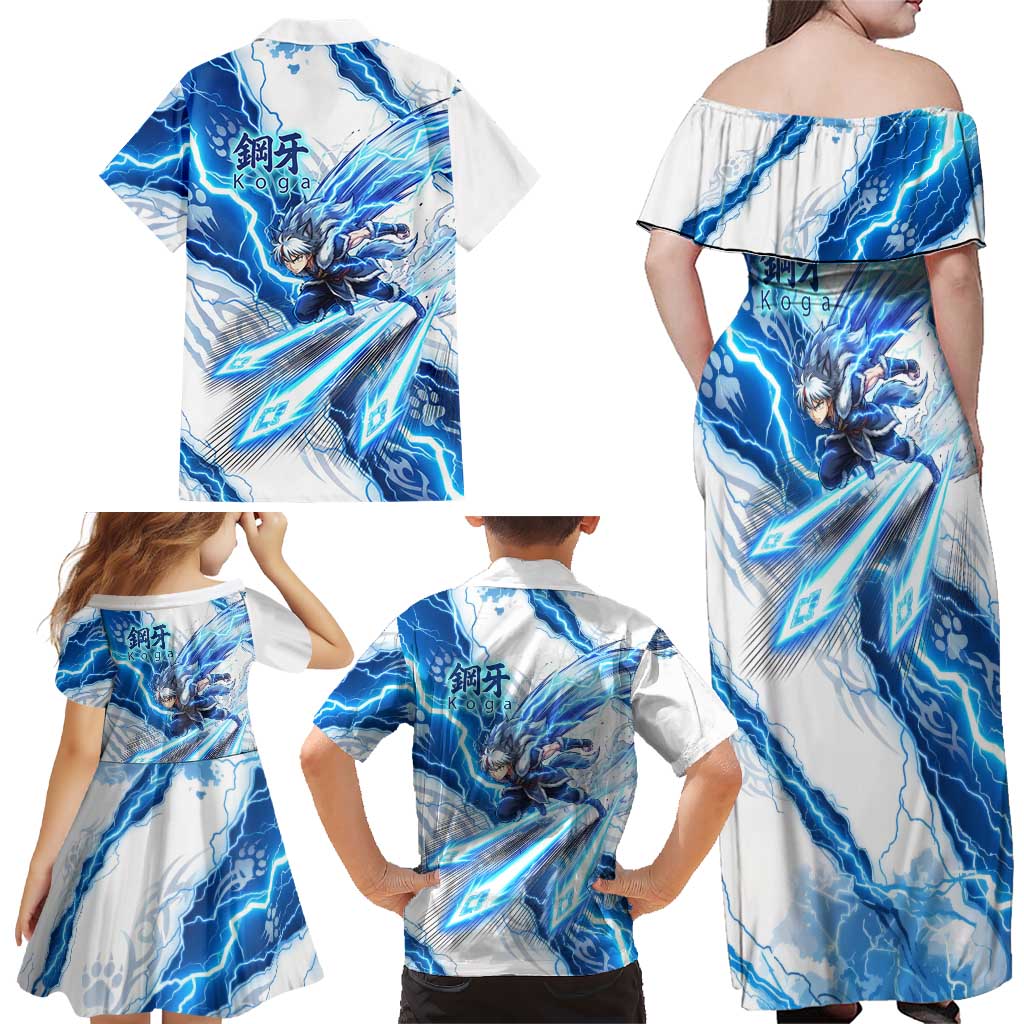 Koga Inuyasha Series Family Matching Off Shoulder Maxi Dress and Hawaiian Shirt Electric Storm Anime Style with Blue Wolf Spirit