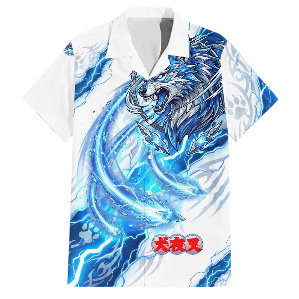 Koga Inuyasha Series Family Matching Off Shoulder Maxi Dress and Hawaiian Shirt Electric Storm Anime Style with Blue Wolf Spirit