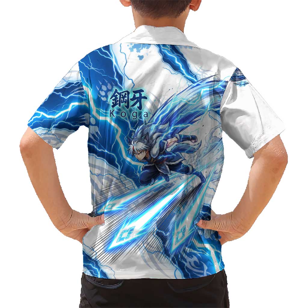 Koga Inuyasha Series Family Matching Off Shoulder Short Dress and Hawaiian Shirt Electric Storm Anime Style with Blue Wolf Spirit