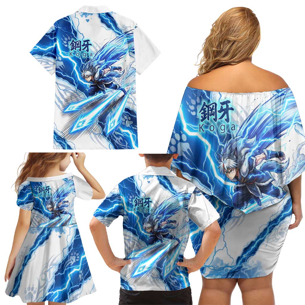 Koga Inuyasha Series Family Matching Off Shoulder Short Dress and Hawaiian Shirt Electric Storm Anime Style with Blue Wolf Spirit