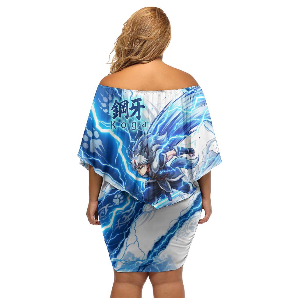 Koga Inuyasha Series Family Matching Off Shoulder Short Dress and Hawaiian Shirt Electric Storm Anime Style with Blue Wolf Spirit