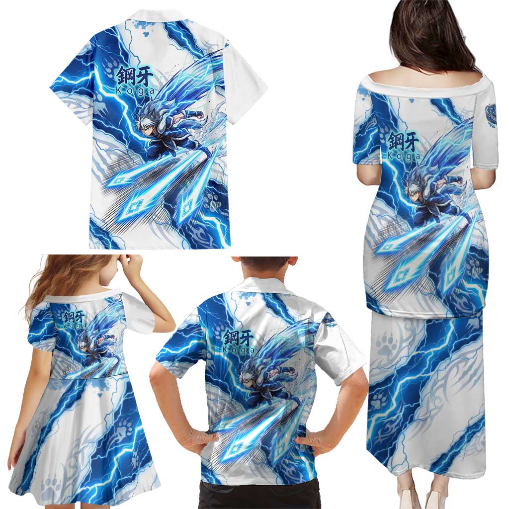 Koga Inuyasha Series Family Matching Puletasi and Hawaiian Shirt Electric Storm Anime Style with Blue Wolf Spirit