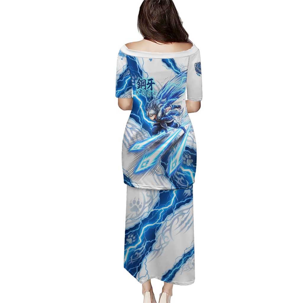 Koga Inuyasha Series Family Matching Puletasi and Hawaiian Shirt Electric Storm Anime Style with Blue Wolf Spirit