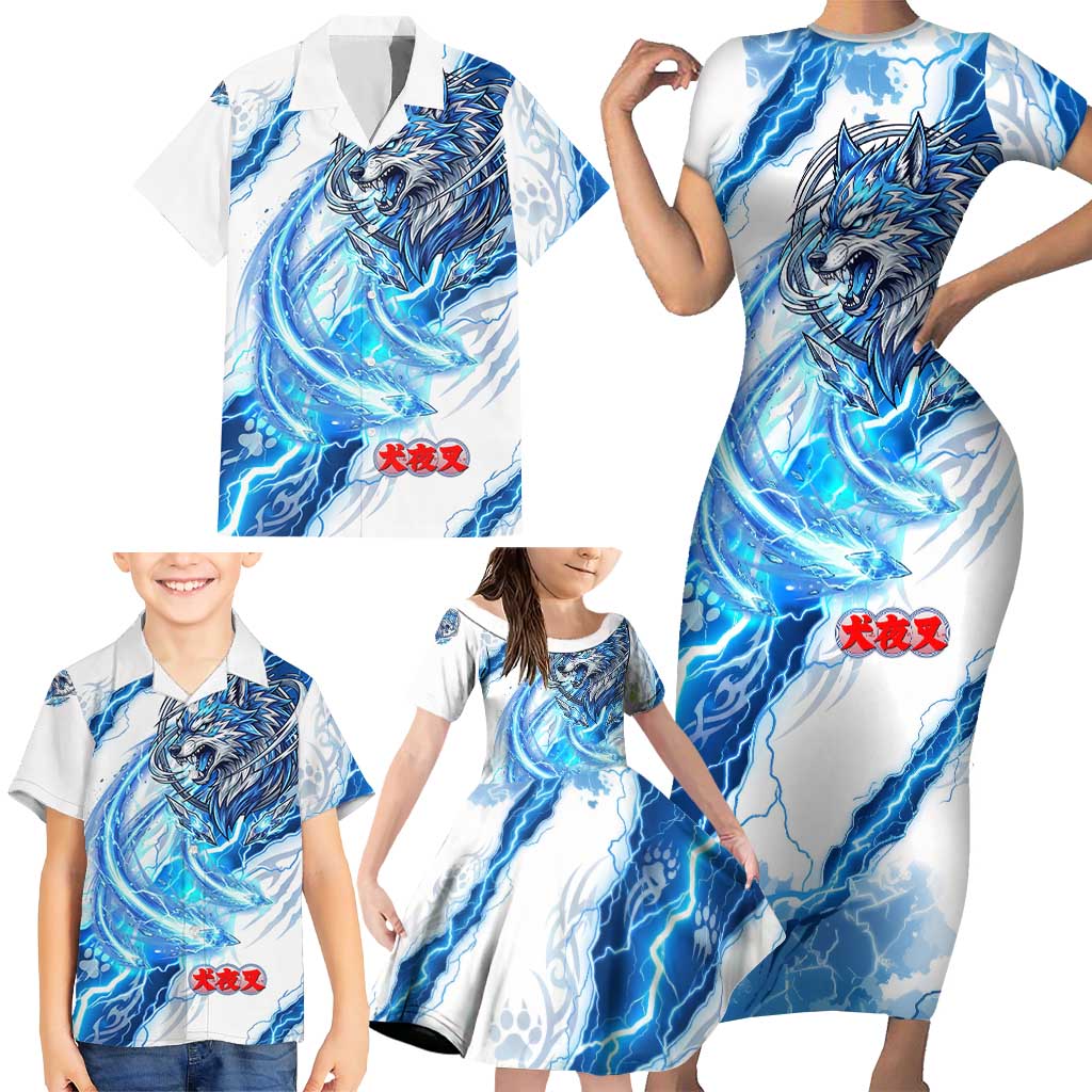 Koga Inuyasha Series Family Matching Short Sleeve Bodycon Dress and Hawaiian Shirt Electric Storm Anime Style with Blue Wolf Spirit