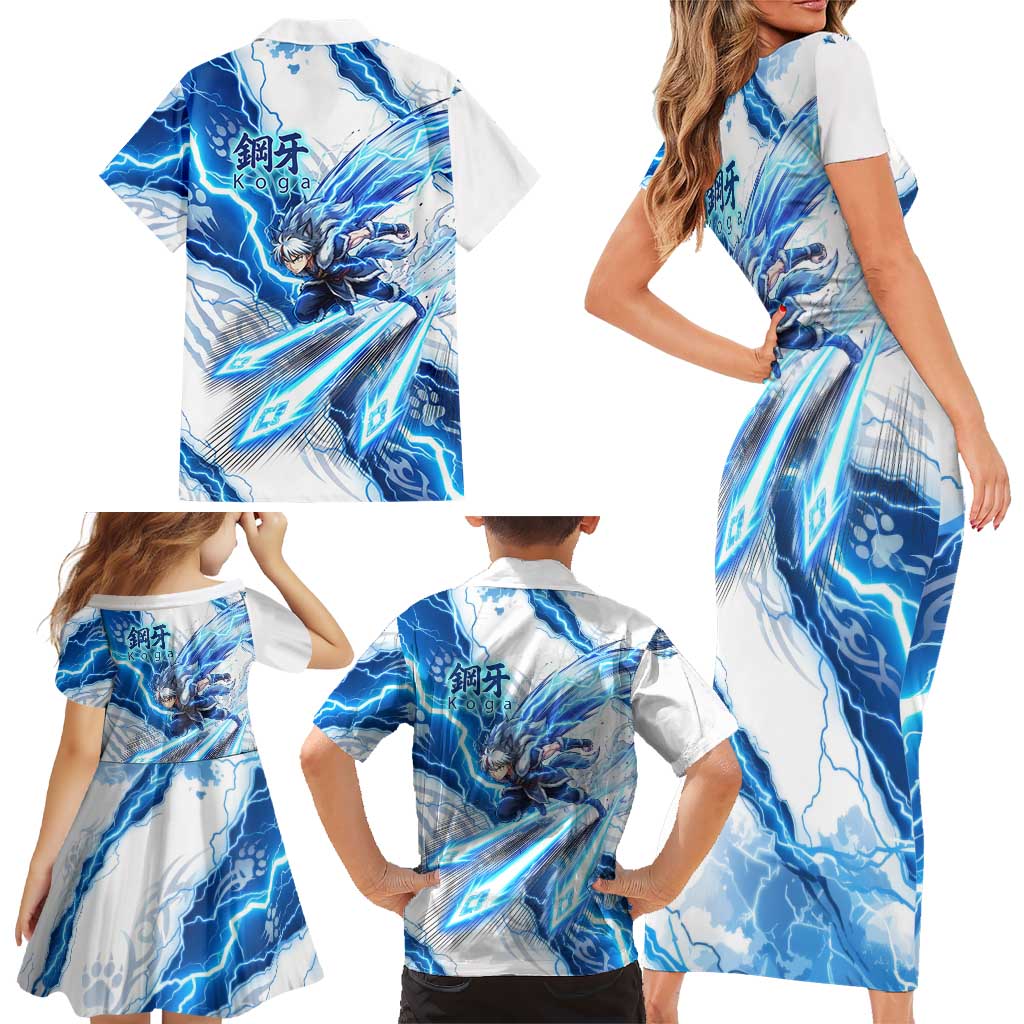 Koga Inuyasha Series Family Matching Short Sleeve Bodycon Dress and Hawaiian Shirt Electric Storm Anime Style with Blue Wolf Spirit