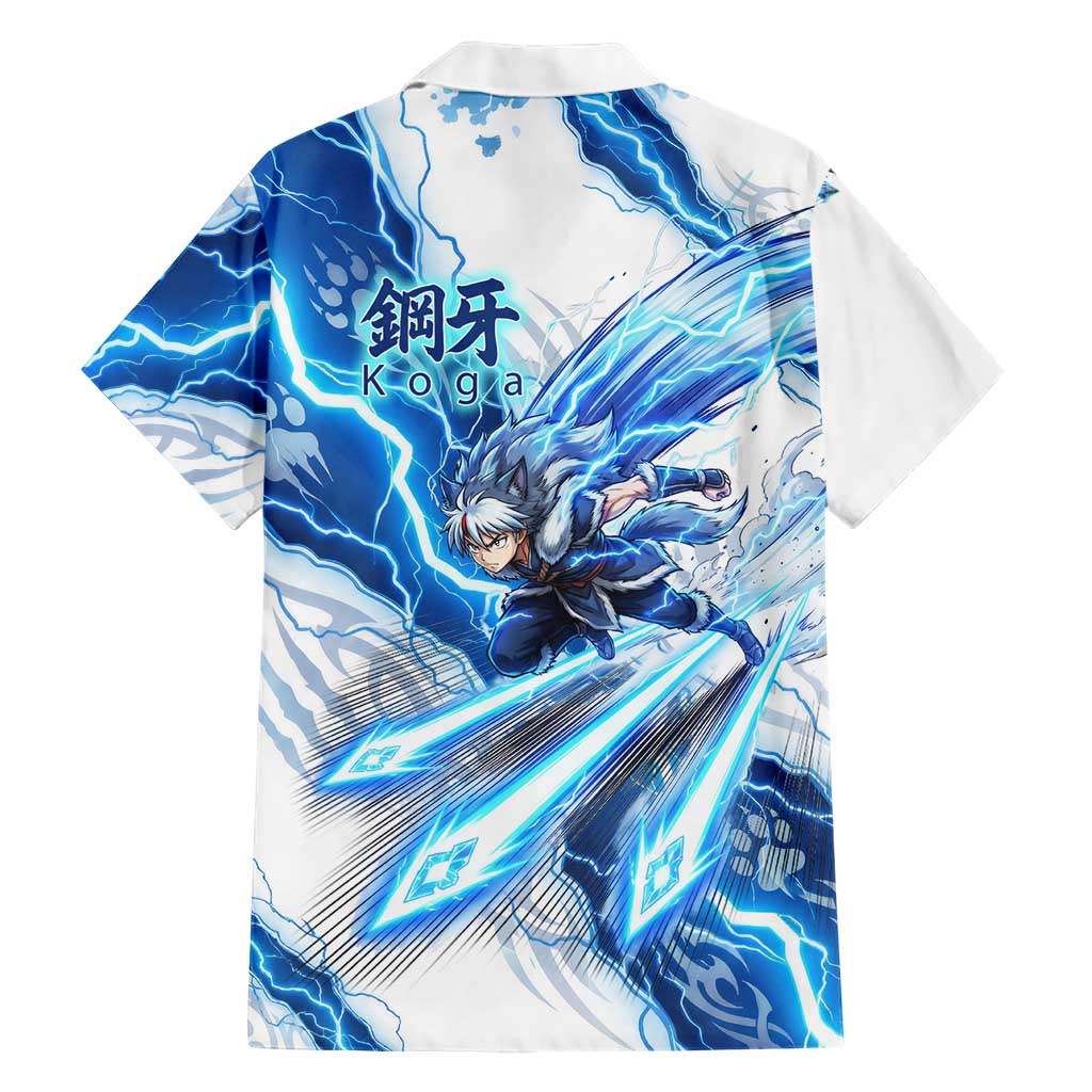 Koga Inuyasha Series Family Matching Short Sleeve Bodycon Dress and Hawaiian Shirt Electric Storm Anime Style with Blue Wolf Spirit