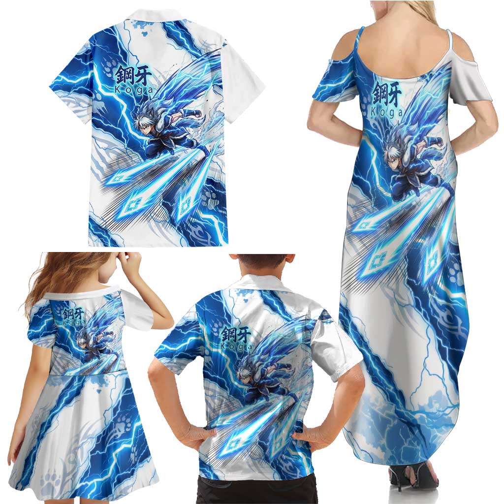Koga Inuyasha Series Family Matching Summer Maxi Dress and Hawaiian Shirt Electric Storm Anime Style with Blue Wolf Spirit