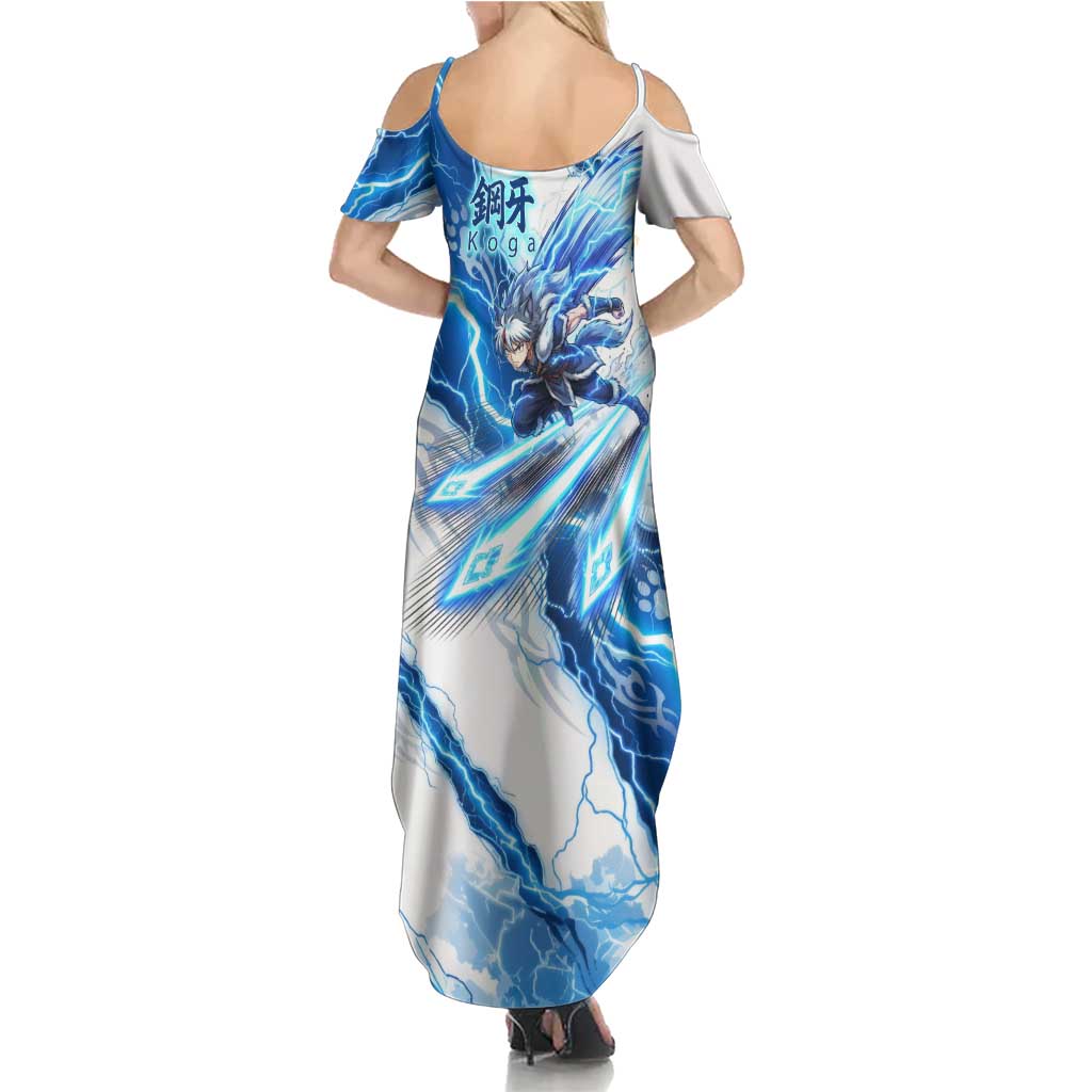 Koga Inuyasha Series Family Matching Summer Maxi Dress and Hawaiian Shirt Electric Storm Anime Style with Blue Wolf Spirit