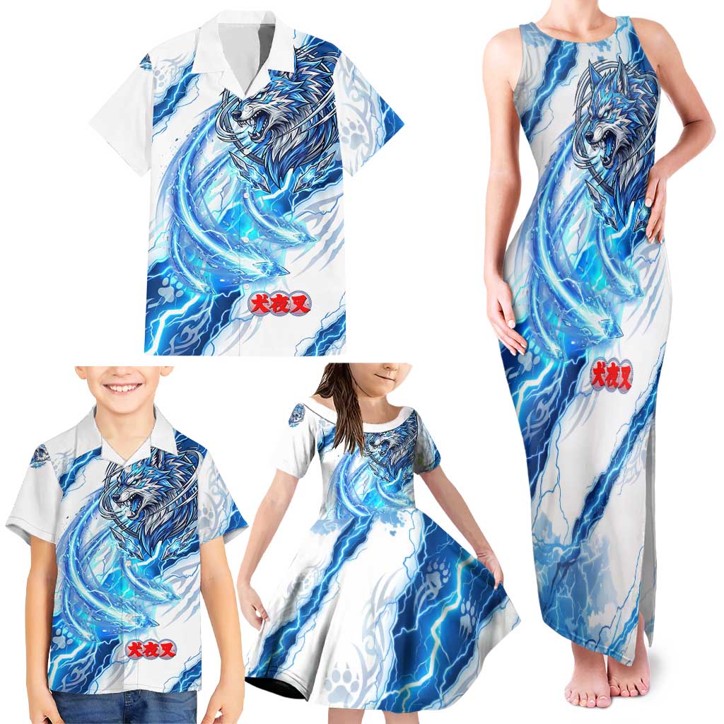 Koga Inuyasha Series Family Matching Tank Maxi Dress and Hawaiian Shirt Electric Storm Anime Style with Blue Wolf Spirit
