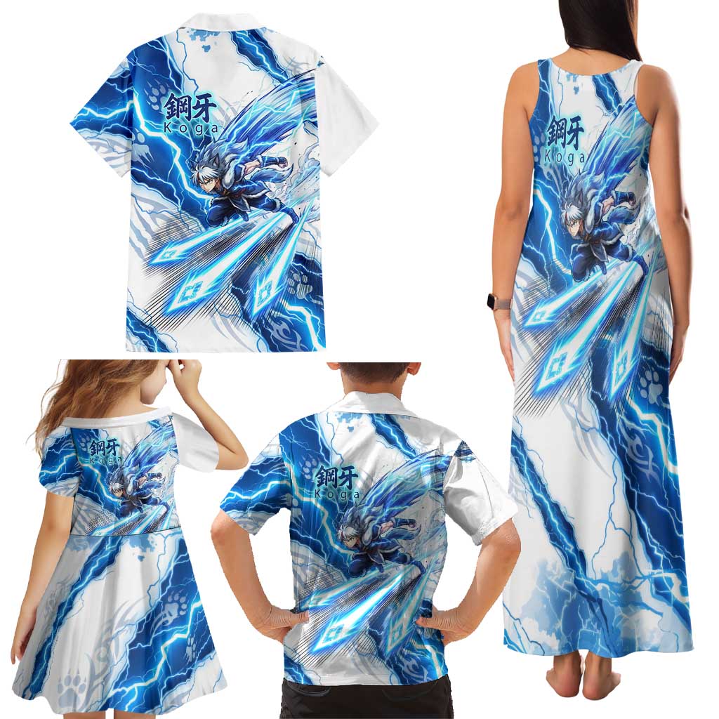 Koga Inuyasha Series Family Matching Tank Maxi Dress and Hawaiian Shirt Electric Storm Anime Style with Blue Wolf Spirit