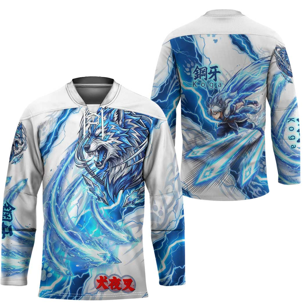 Koga Inuyasha Series Hockey Jersey Electric Storm Anime Style with Blue Wolf Spirit