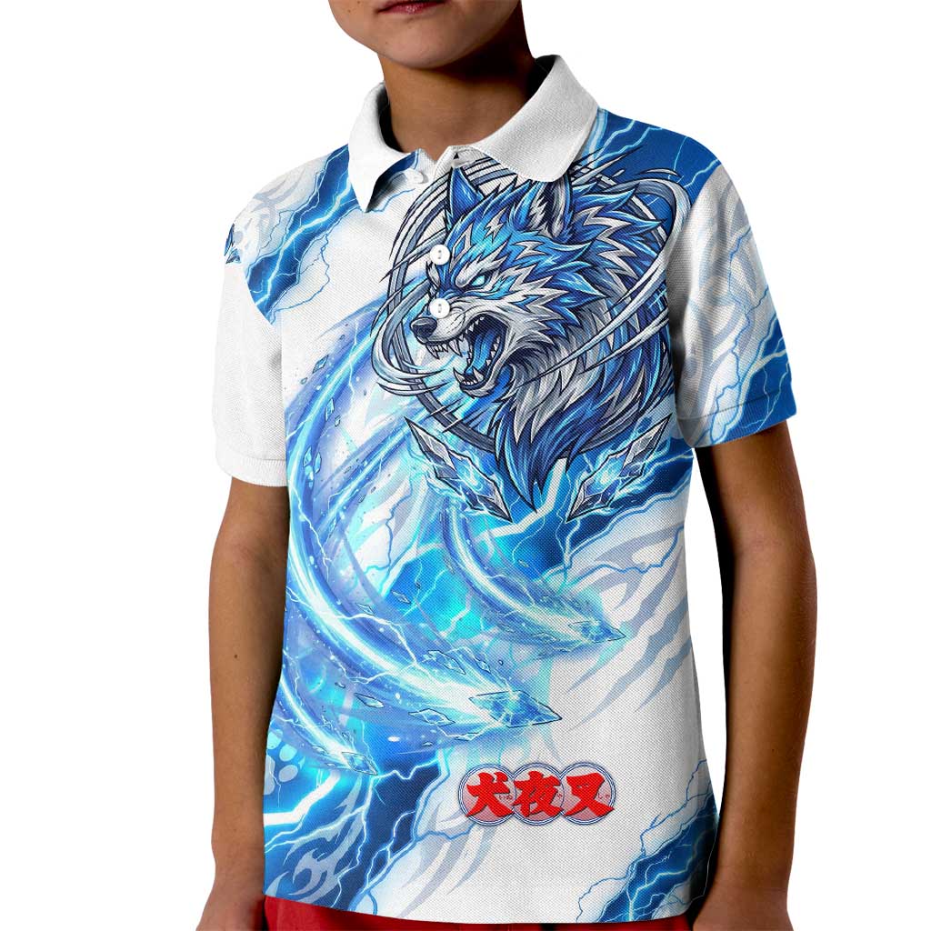 Koga Inuyasha Series Kid Polo Shirt Electric Storm Anime Style with Blue Wolf Spirit