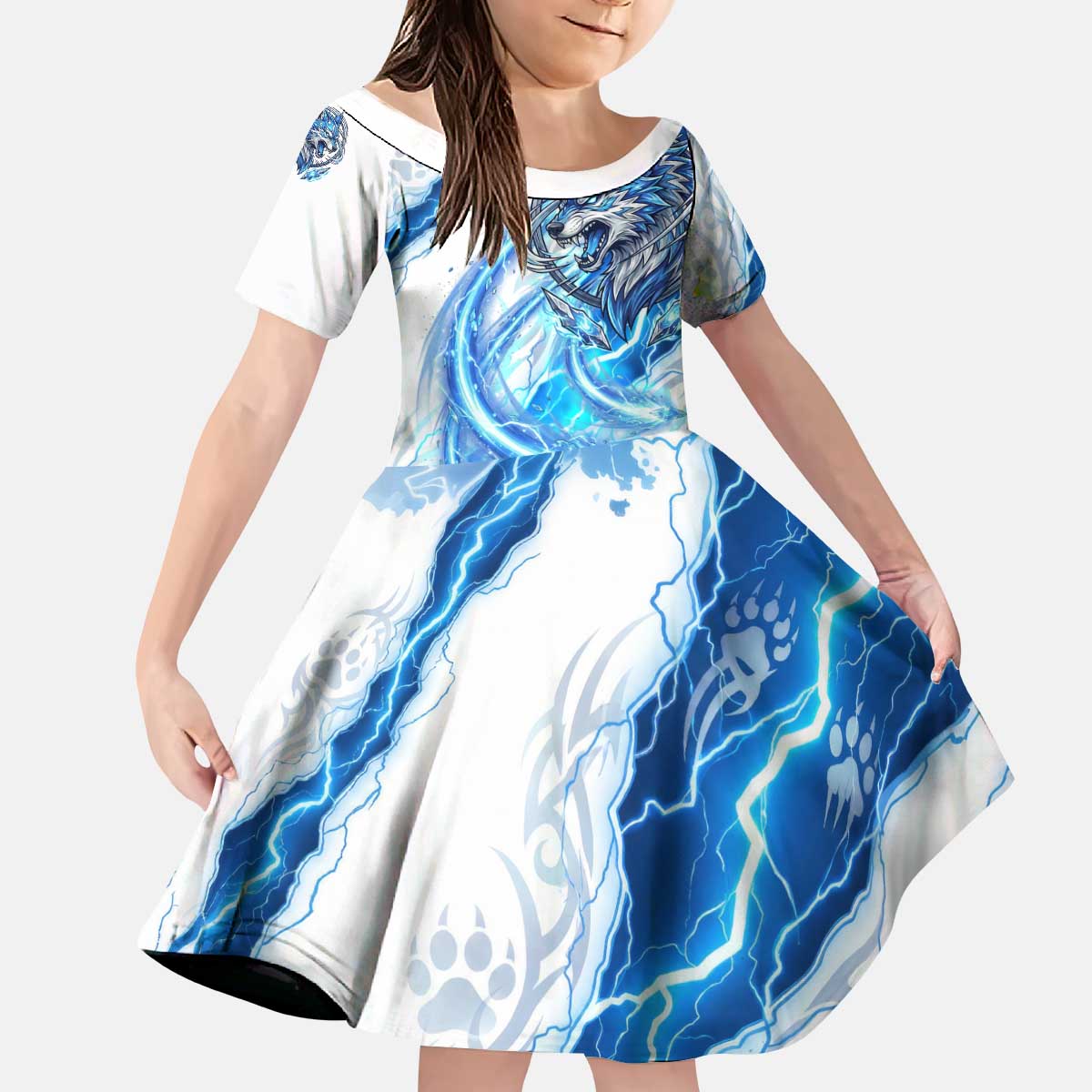 Koga Inuyasha Series Kid Short Sleeve Dress Electric Storm Anime Style with Blue Wolf Spirit