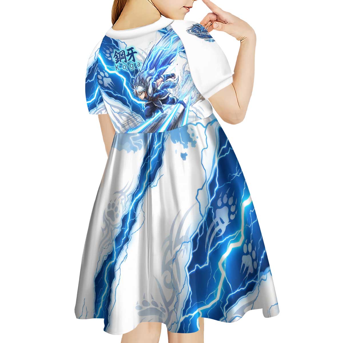 Koga Inuyasha Series Kid Short Sleeve Dress Electric Storm Anime Style with Blue Wolf Spirit