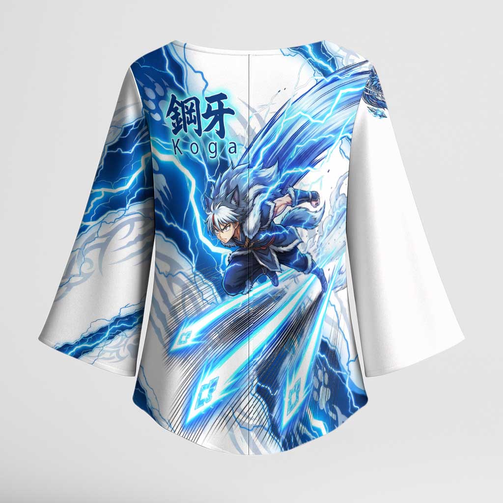 Koga Inuyasha Series Kimono Sleeve Blouse Electric Storm Anime Style with Blue Wolf Spirit