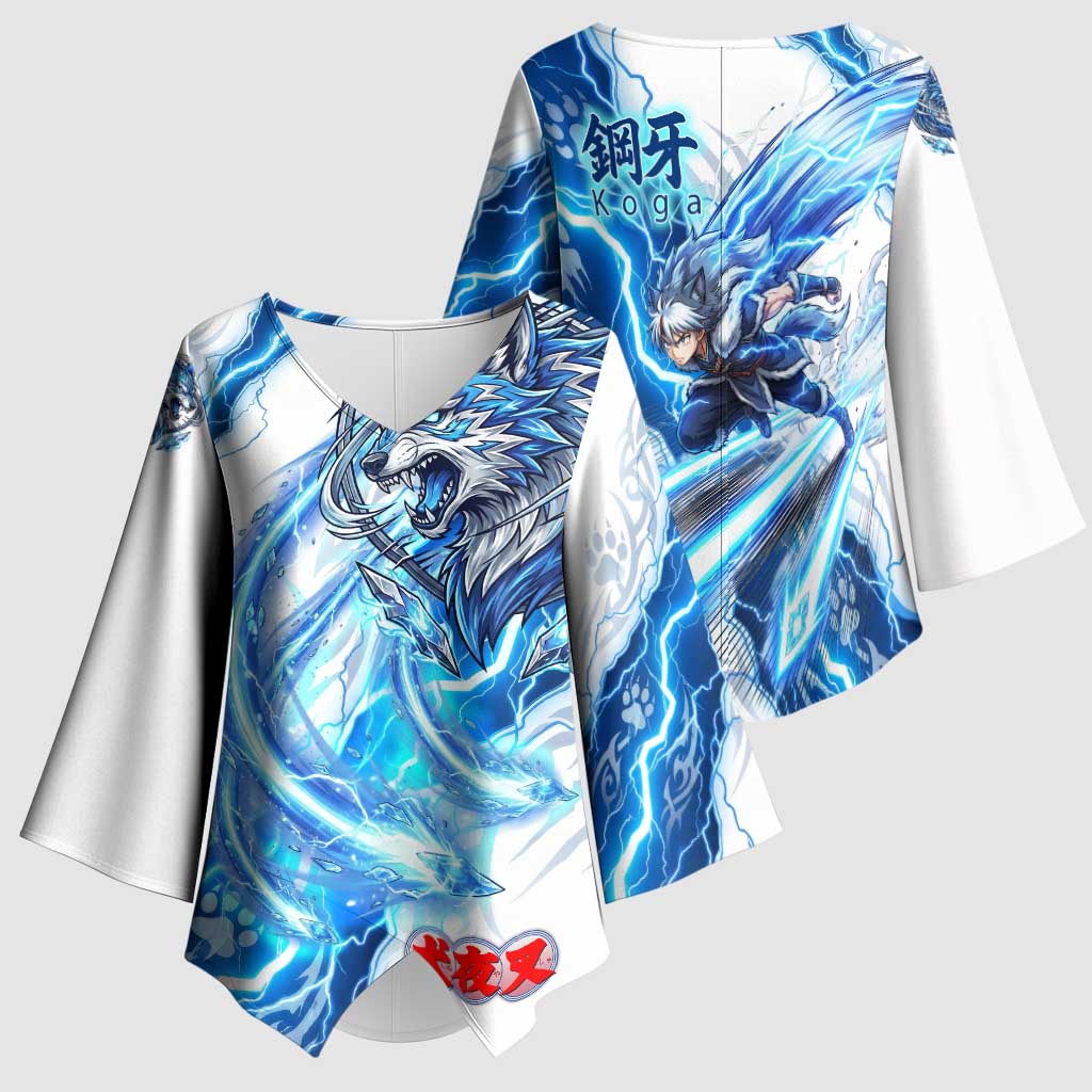 Koga Inuyasha Series Kimono Sleeve Blouse Electric Storm Anime Style with Blue Wolf Spirit