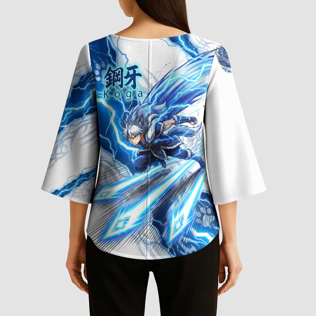 Koga Inuyasha Series Kimono Sleeve Blouse Electric Storm Anime Style with Blue Wolf Spirit