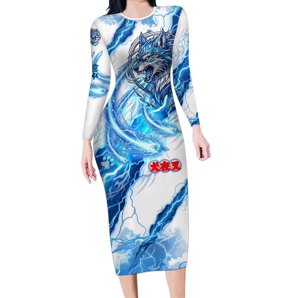 Koga Inuyasha Series Long Sleeve Bodycon Dress Electric Storm Anime Style with Blue Wolf Spirit
