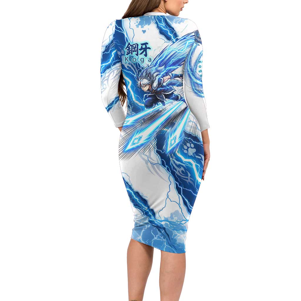 Koga Inuyasha Series Long Sleeve Bodycon Dress Electric Storm Anime Style with Blue Wolf Spirit