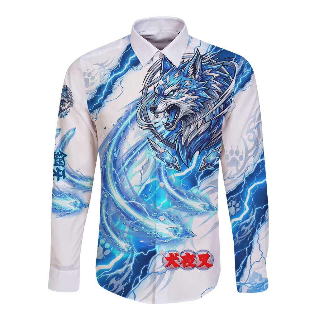 Koga Inuyasha Series Long Sleeve Button Shirt Electric Storm Anime Style with Blue Wolf Spirit