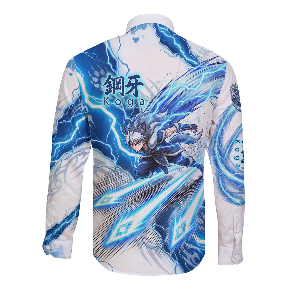 Koga Inuyasha Series Long Sleeve Button Shirt Electric Storm Anime Style with Blue Wolf Spirit